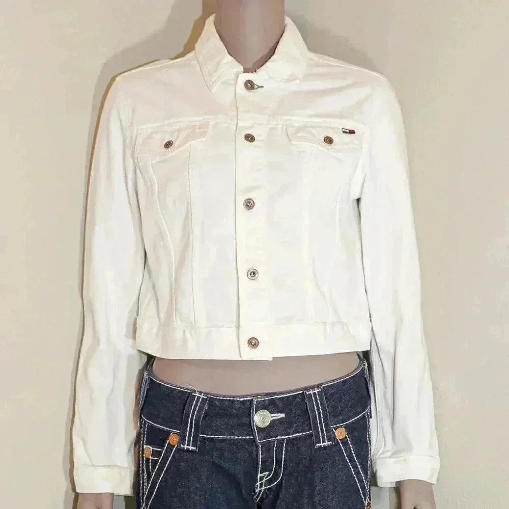 Tommy Jeans‎ White Jean Cropped Jacket Collared Top Size Medium Casual Fall Top